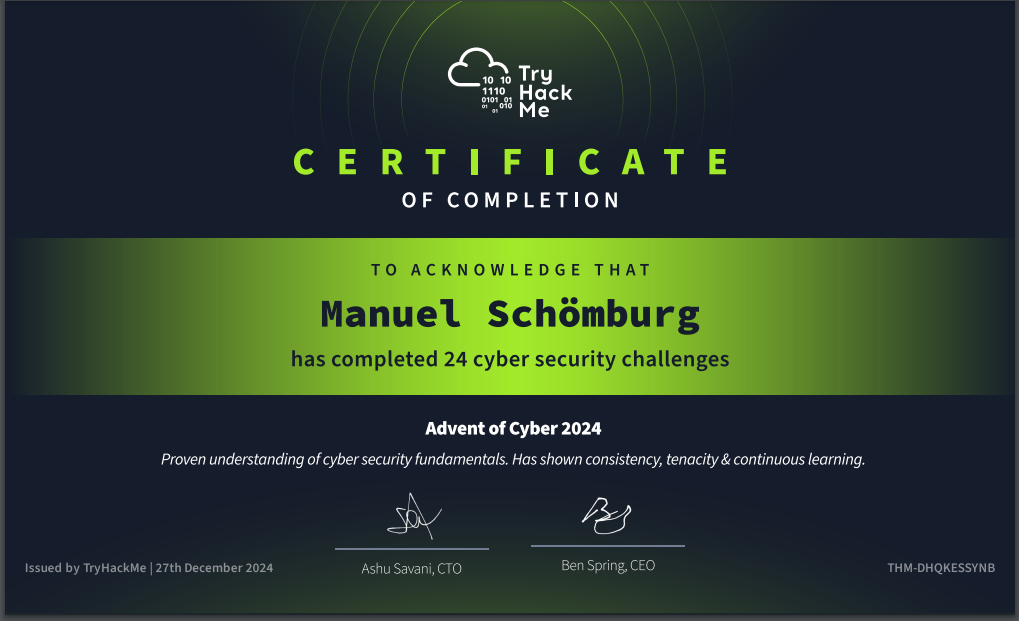 TryHackMe Advent of Cyber 2024 certificate