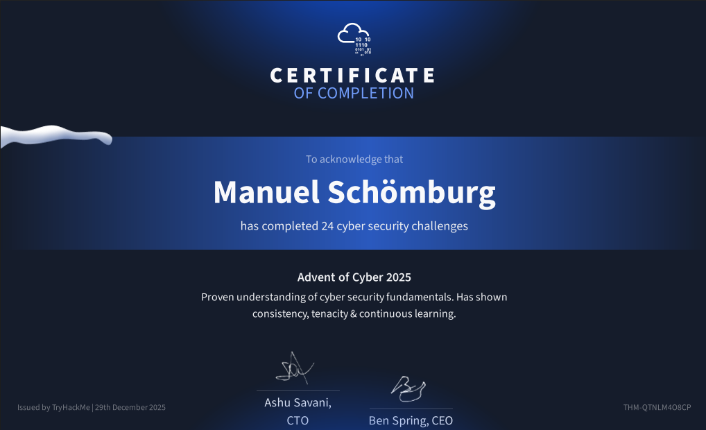 TryHackMe Advent of Cyber 2025 certificate