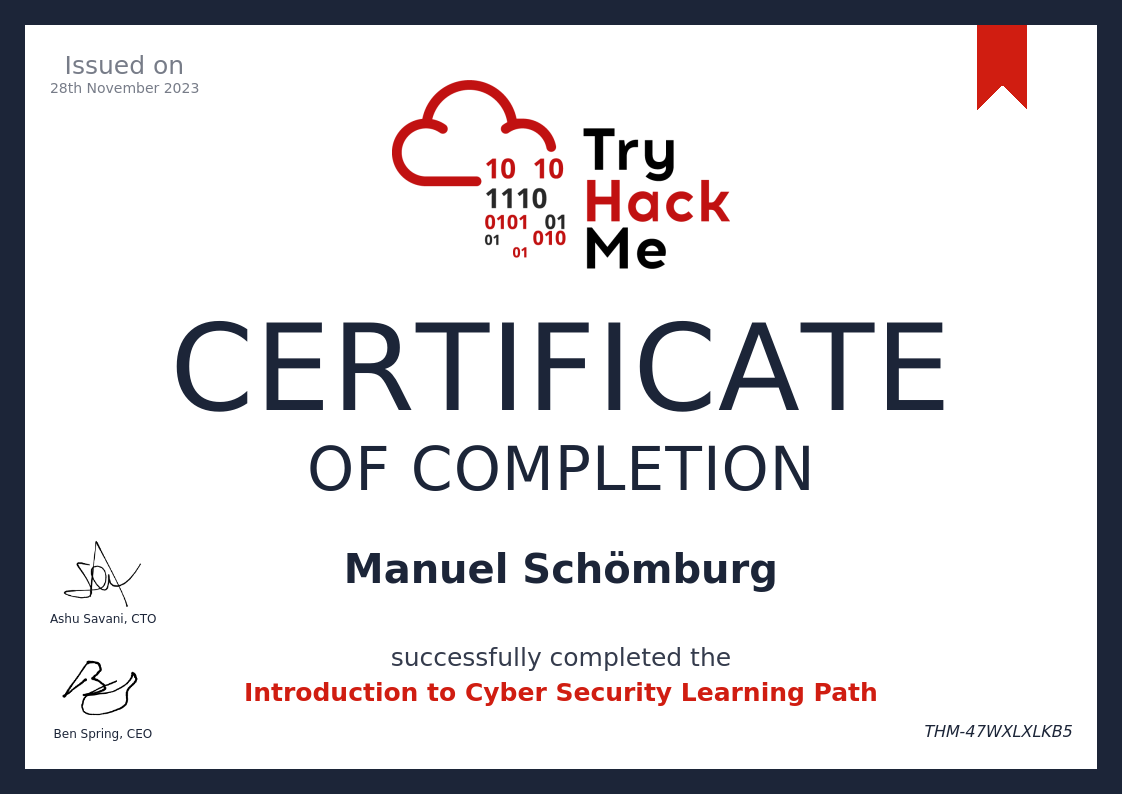 TryHackMe Intro to Cybersecurity certificate