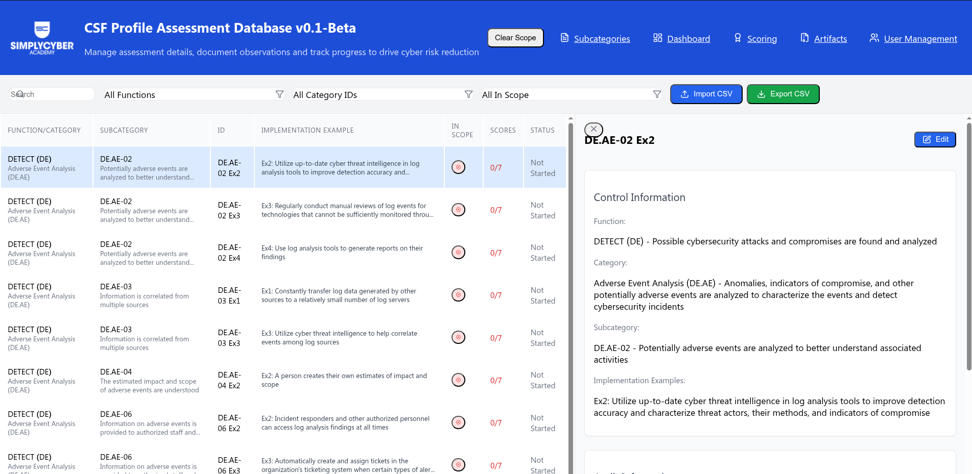 CSF Profile Assessment Database Screenshot