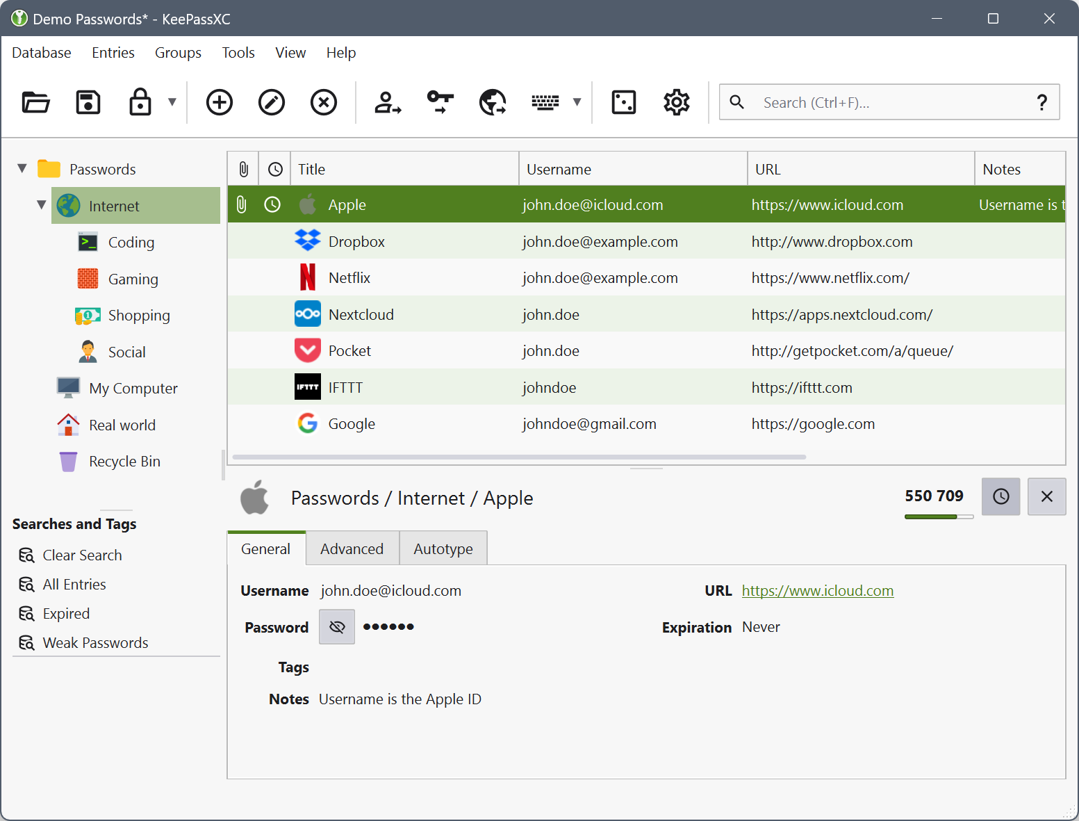 KeePassXC database view